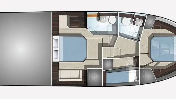 Interior layout of a luxury yacht, featuring two bedrooms, bathrooms, and living space in a modern design.